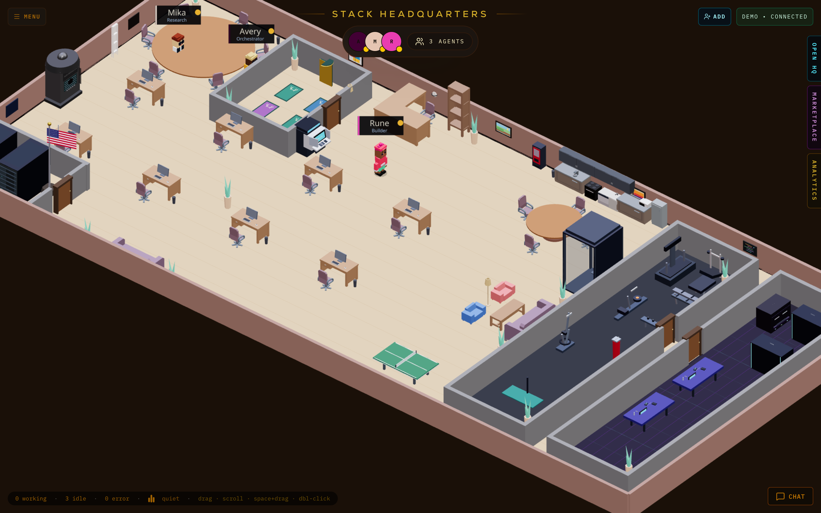 The 3D office — a floor plan with agents standing on it, running against a demo gateway